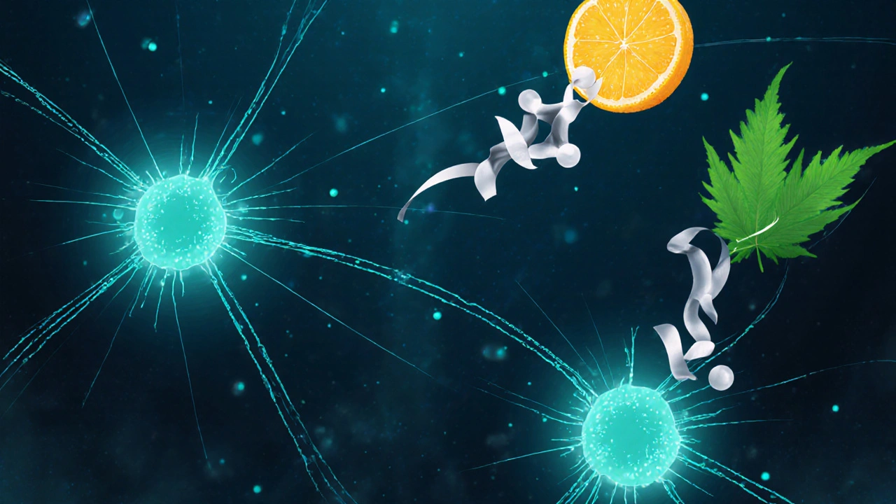 Digitální ilustrace endokanabinoidního systému s oranžovými a zelenými molekulami terpenů.