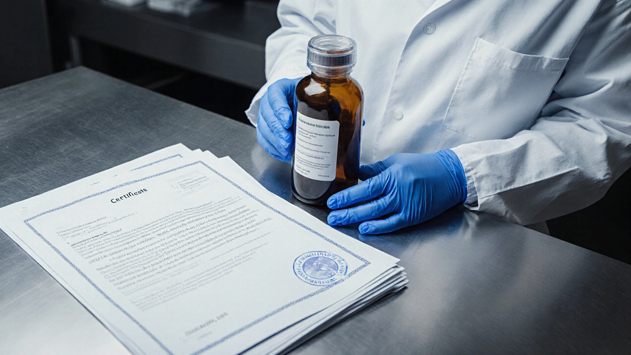 Laboratorní scéna, vědec v ochranném oděvu kontroluje uzavřenou lahvičku a papíry.