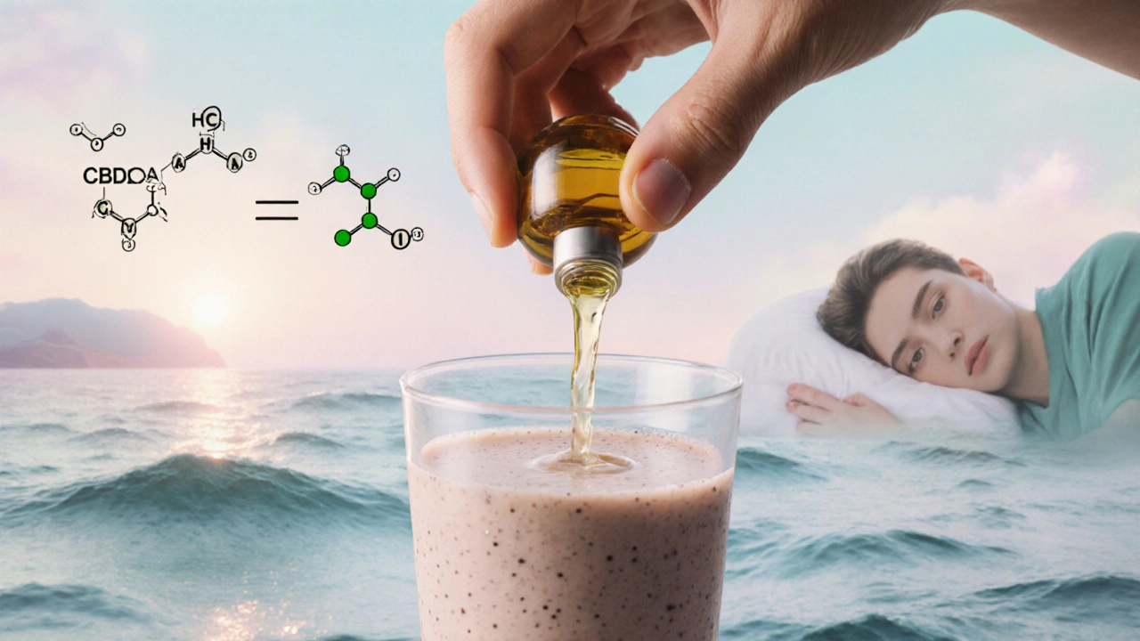Přidávání CBD-infundovaného oleje do smoothie s abstraktními symboly klidu.