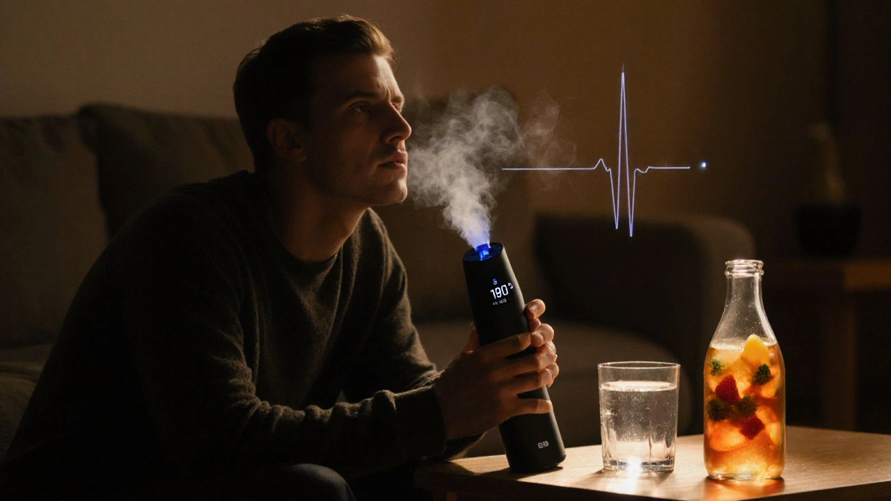 Uvolněná osoba používá vaporizer v útulném pokoji, s tekutinou a pokojovým osvětlením.