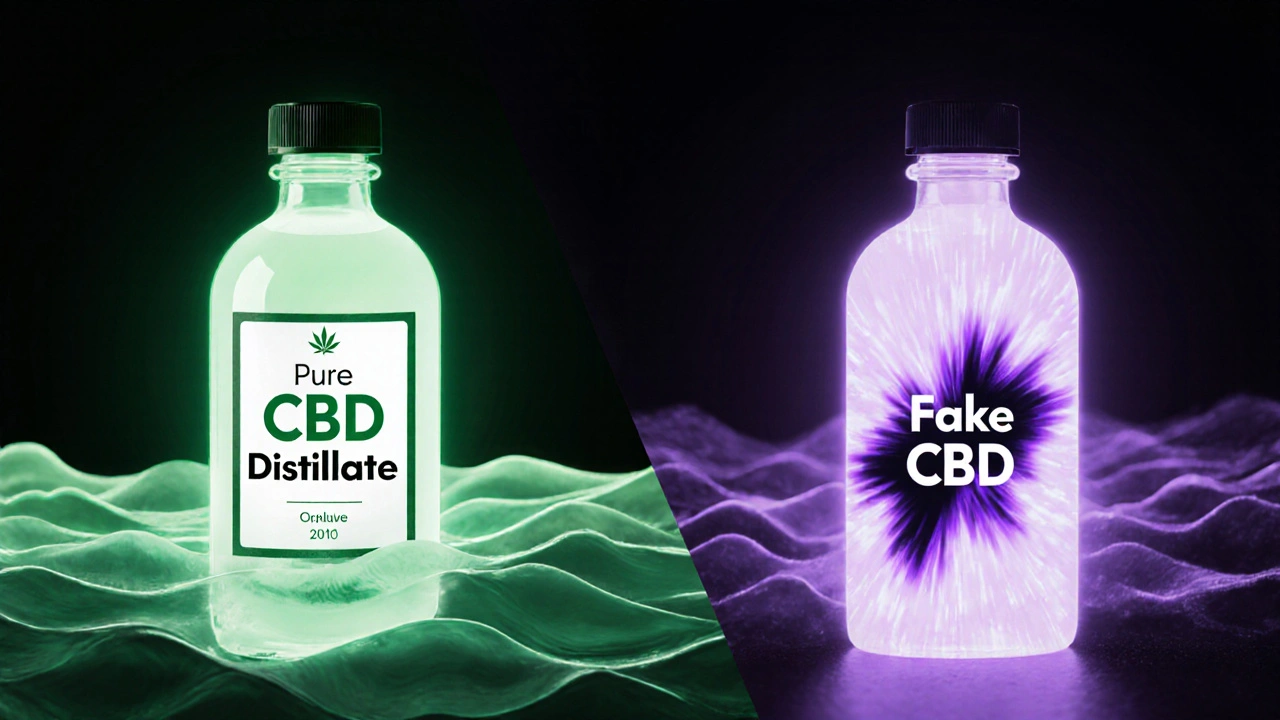Dvě láhve: jedna s čistým CBD, druhá s HHC — symbolické znázornění rozdílu.