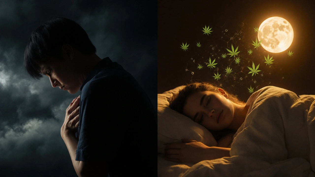 Dvě strany jedné osoby: jedna v bolesti, druhá v klidném spánku.