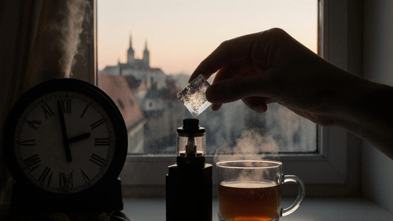 Ruka klidně vkládá CBD shatter do vaporizéru ve večerním prostředí s čajem.
