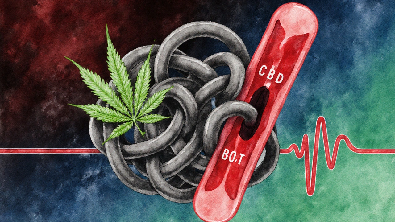 Vodová barva ilustrace uvolňujícího CBD listu, který rozplétá stresové spirály vedle krevních cév.