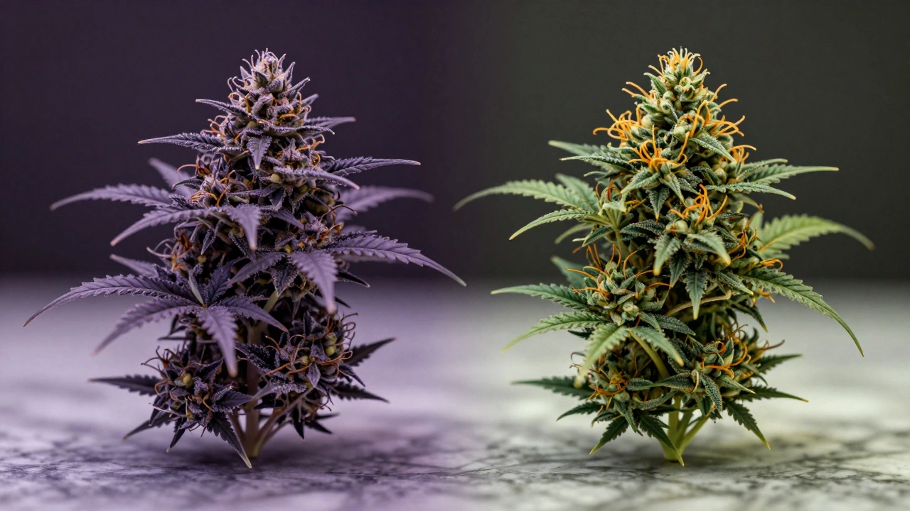 Dva druhy květů HHC: fialová indica a zelená sativa, vedle sebe na mramoru s jemným zářením.
