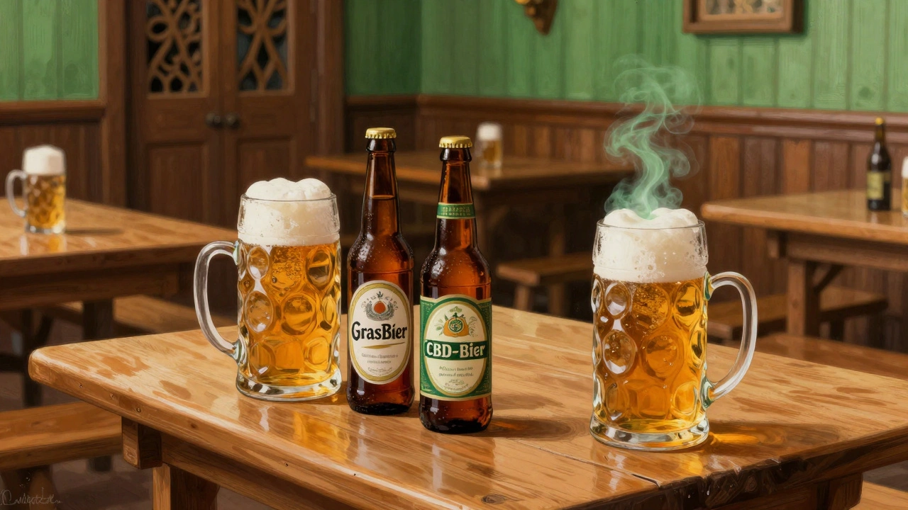 Německé pivo s CBD v pivní hale vedle tradičních pivek.