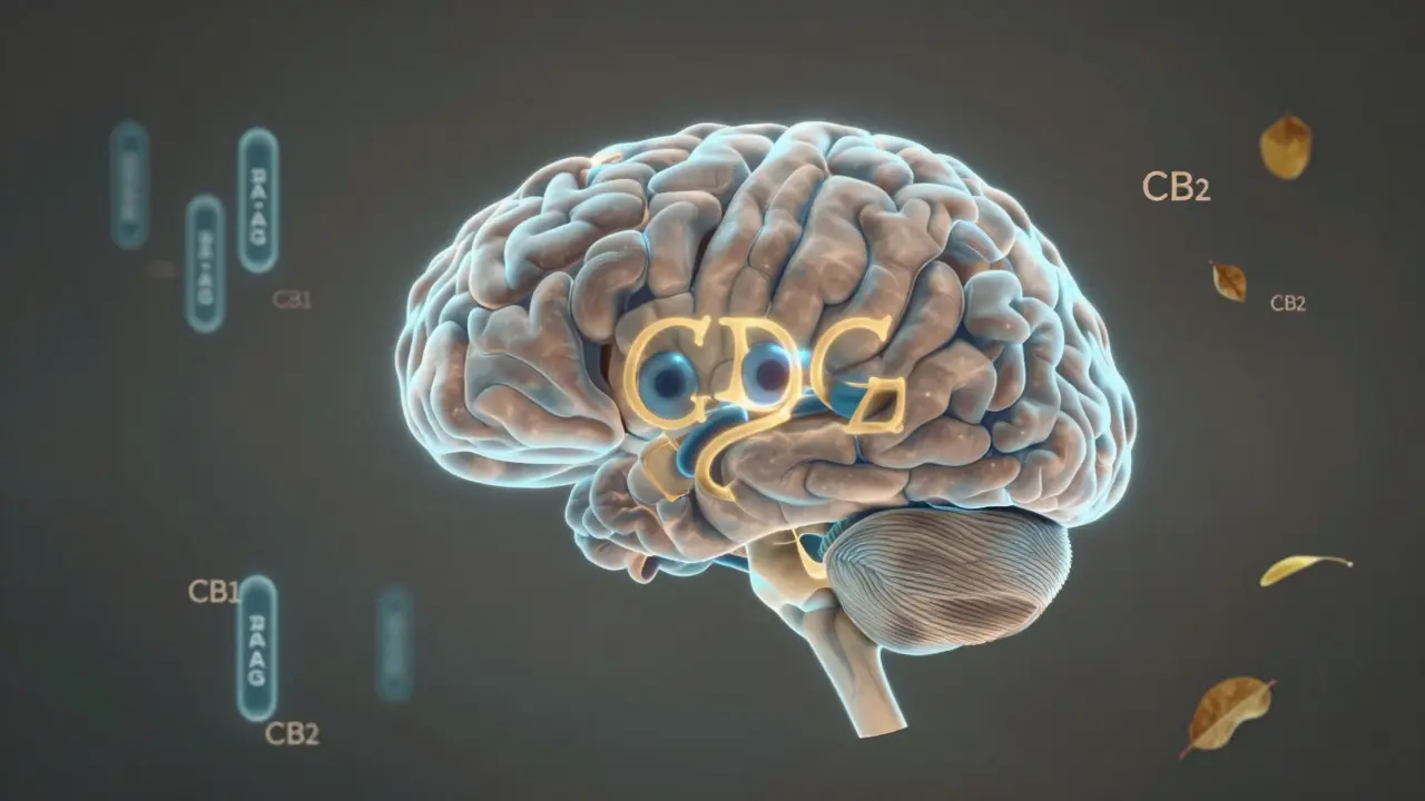 Abstraktní ilustrace mozku s CBG molekulou vázající na receptory a klidícími neurotransmitery.