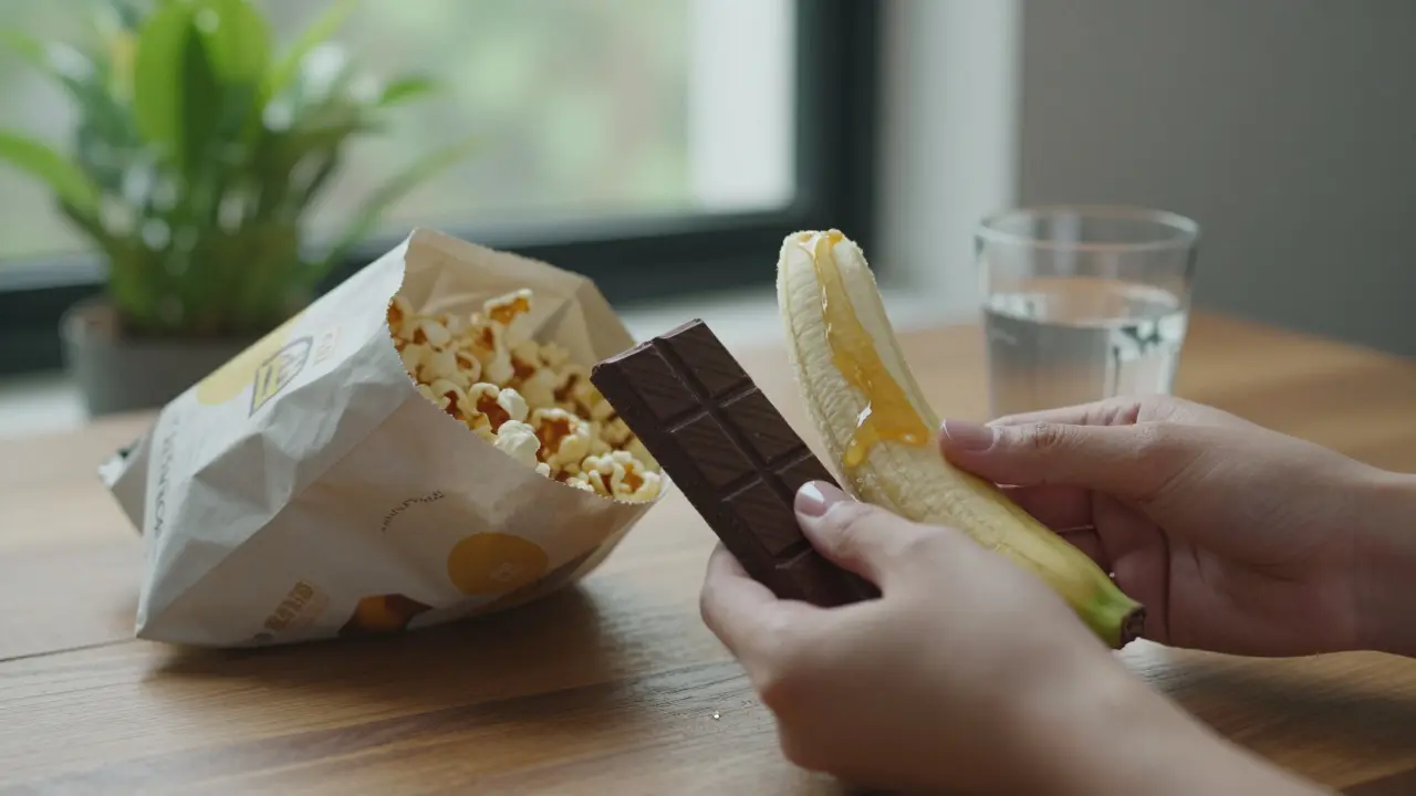 Ruce drží tři typy snacků: popkorn, čokoládu a banán s medem, vedle sklenice vody a rostliny.