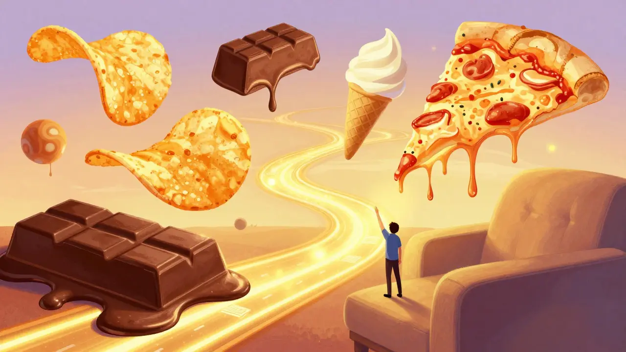 Surreální krajina s plujícími potravinami jako pizza, čokoláda a chipsy, dreamy styl s jemnými zářivými čarami.