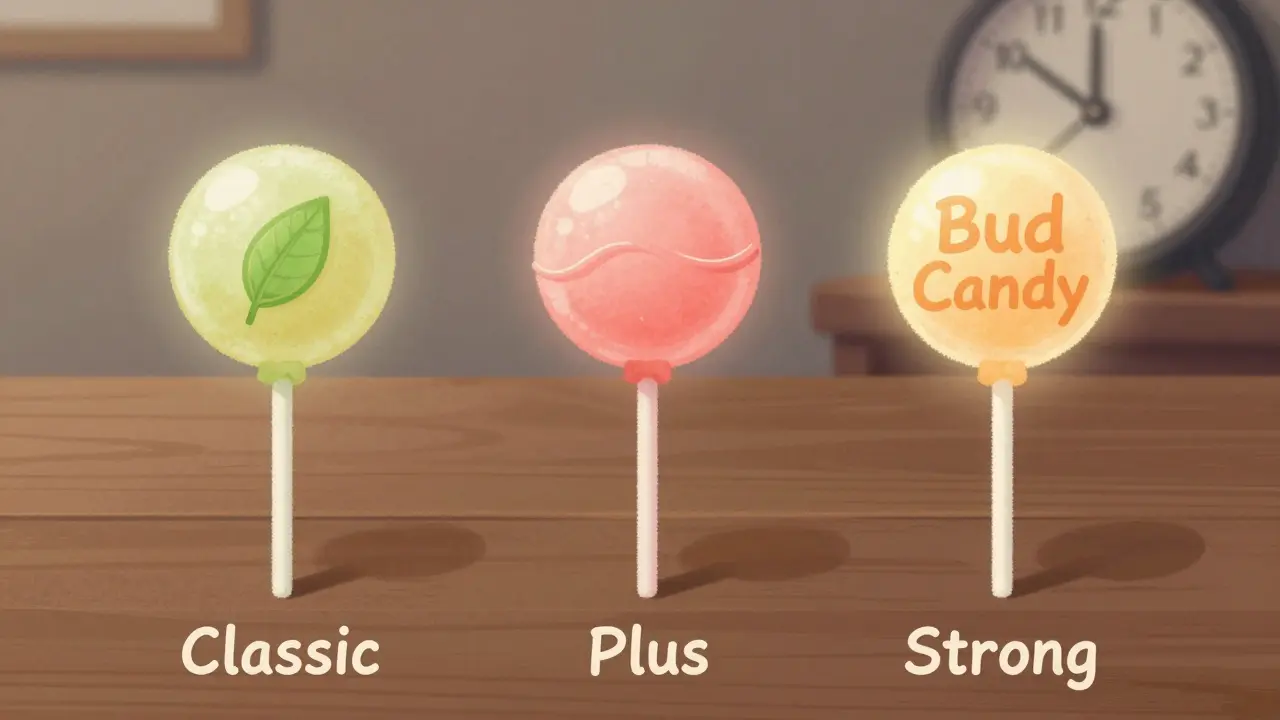 Tři verze lollipopů Bud Candy s označením Classic, Plus a Strong na dřevěném stole.