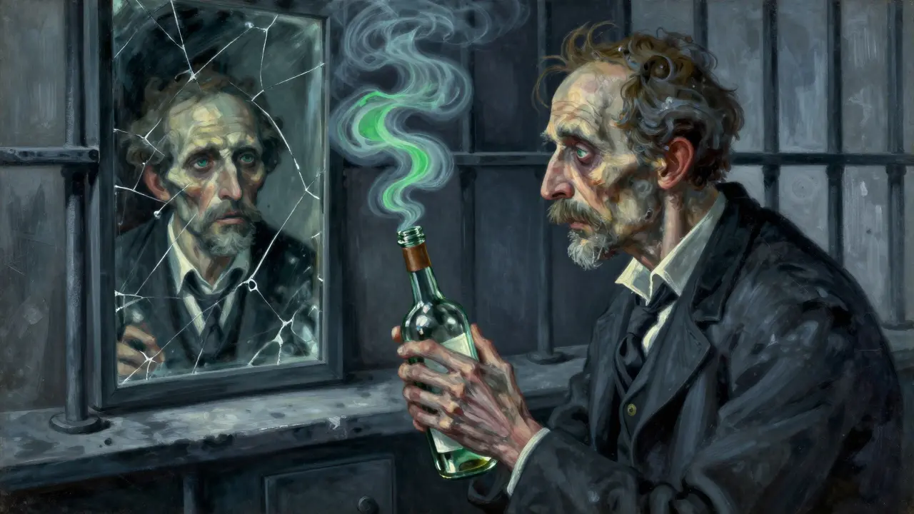 Paul Verlaine v vězeňské cele s prázdnou lahví absintu, odrážející halucinaci Rimbauda.