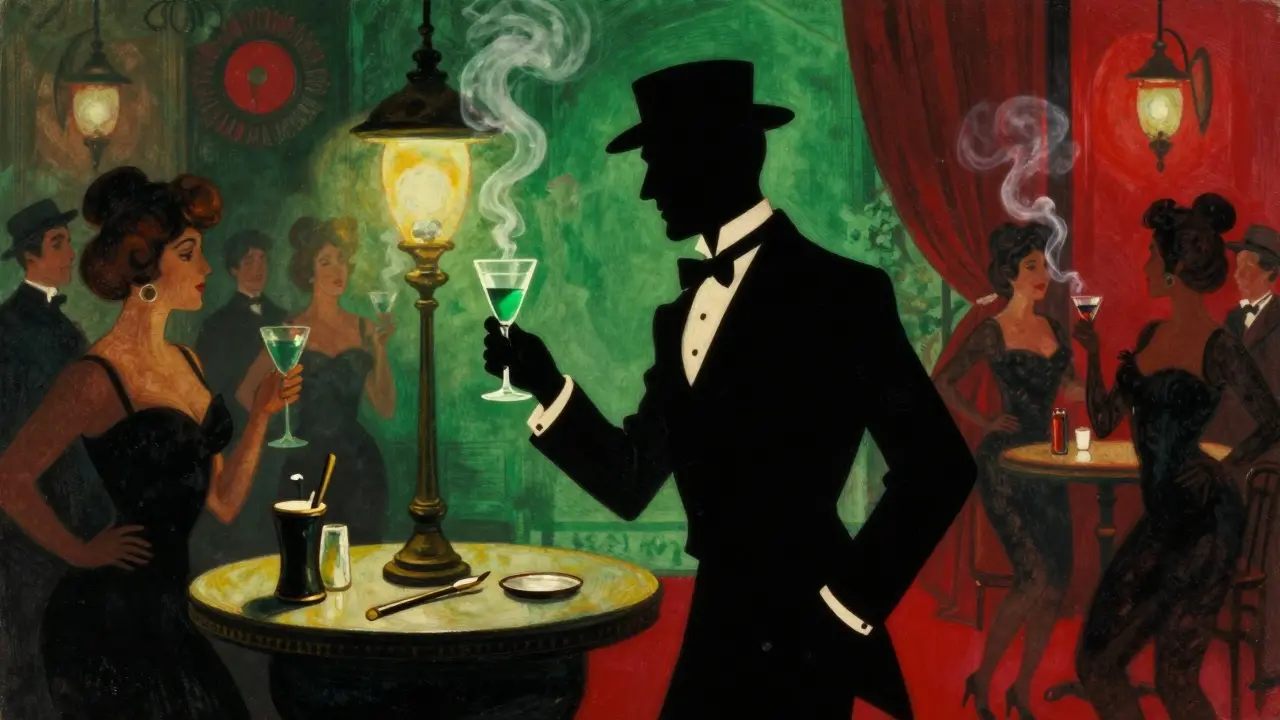 Toulouse-Lautrec v pařížském kabaretě s absintem, osamělý ve středu tance a kouře.