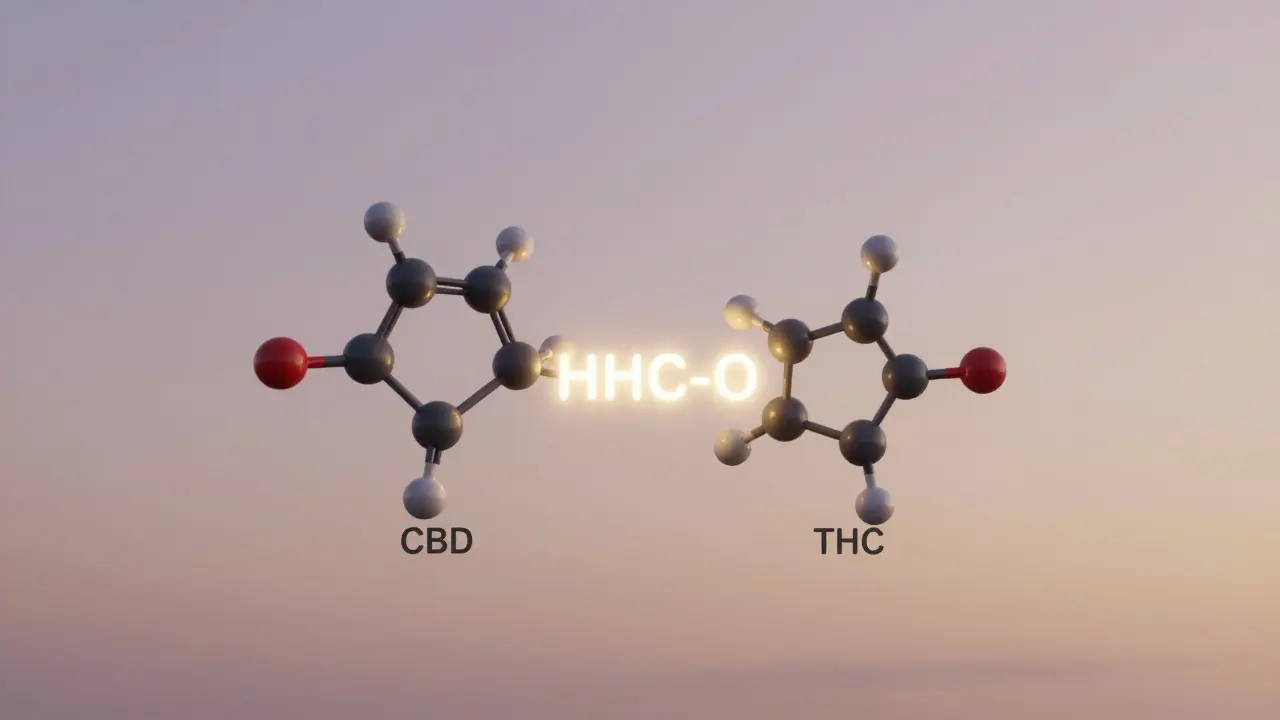 Tři molekulární struktury CBD, THC a HHC-O plavou v jemném světle, HHC-O mezi nimi jako most.