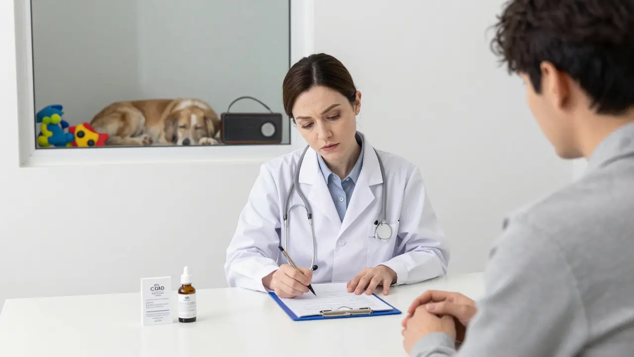 Veterinář a vlastník diskutují o CBD pro psy, na stole je certifikát analýzy a láhev s CBD olejem.