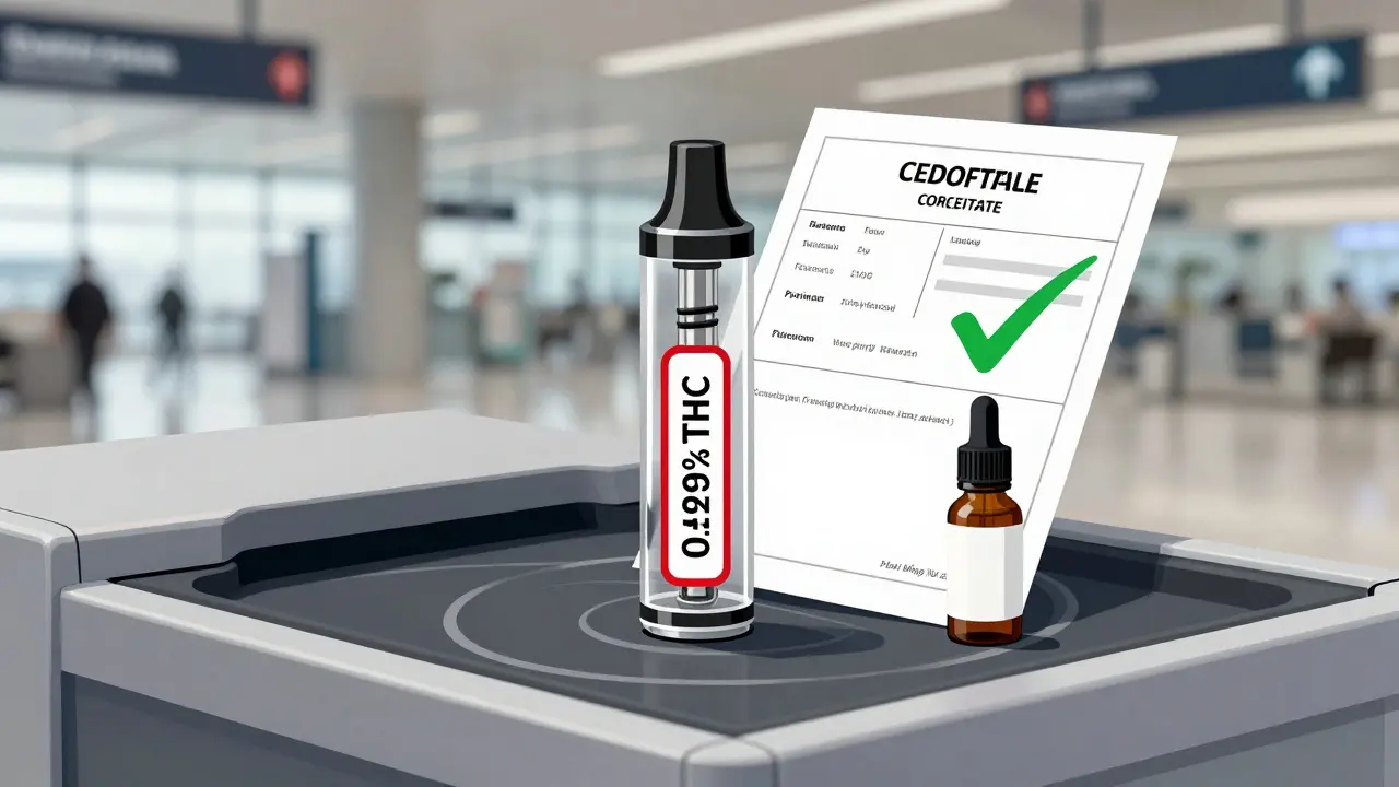 CBD kartridž vedle laboratorního certifikátu na rastrovacím stolu letiště s označením 0,29 % THC.