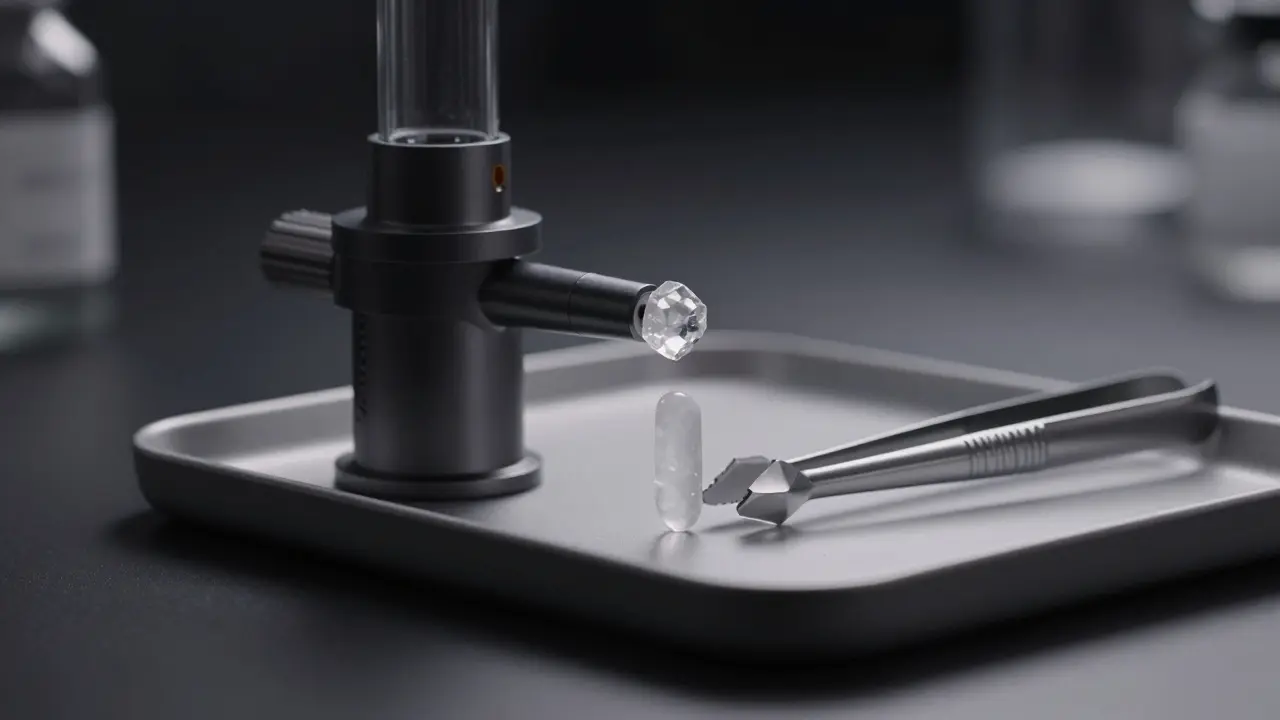 Detailní záběr na dávkovací nástroje a krystalku pro aplikaci.