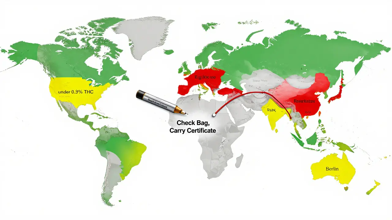Globální mapa s cestami letadel a barevnými zónami legálního CBD v různých zemích.