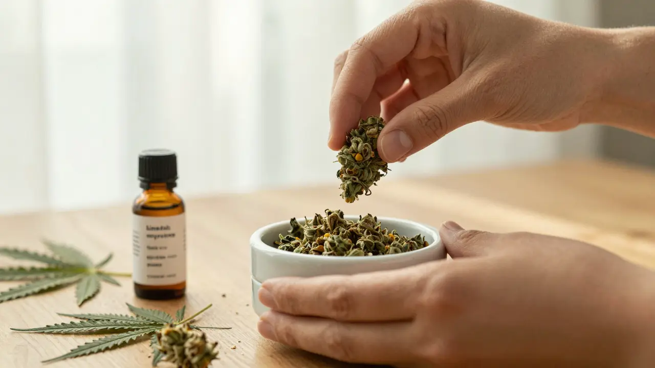 Hands grinding Blue Dream CBD flower with terpene labels visible in warm daylight.