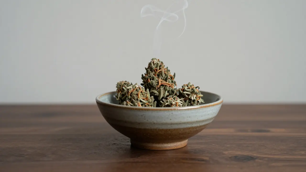 Northern Lights CBD flower in a ceramic bowl with subtle woodsmoke swirls suggesting calm.