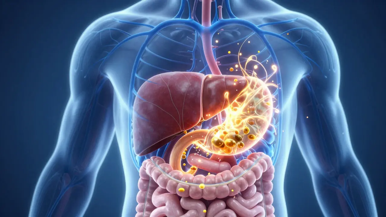 Ilustrace trávení konopných edibles a metabolizace v játrech