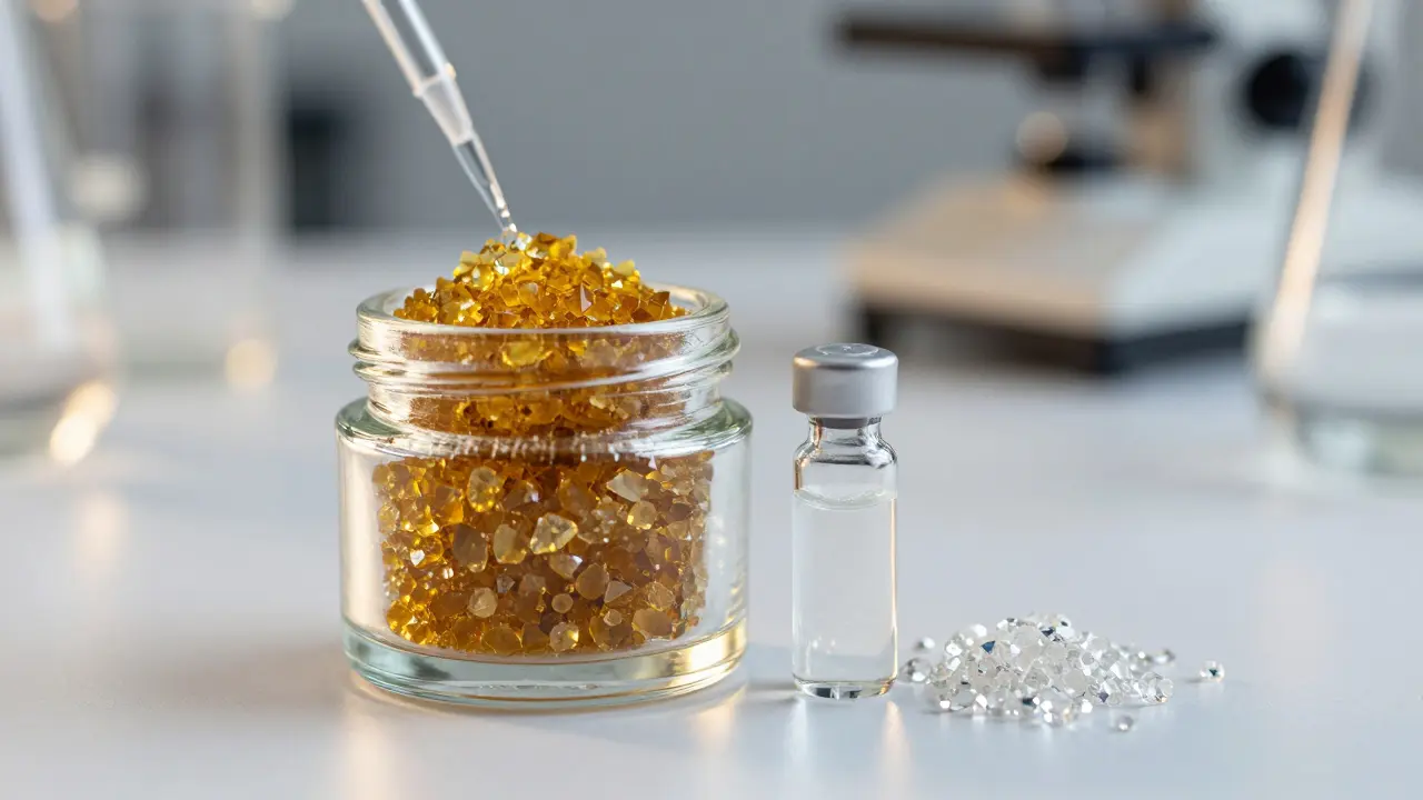 Skleněné nádoby s CBD škeřem a diamanty v laboratorním prostředí