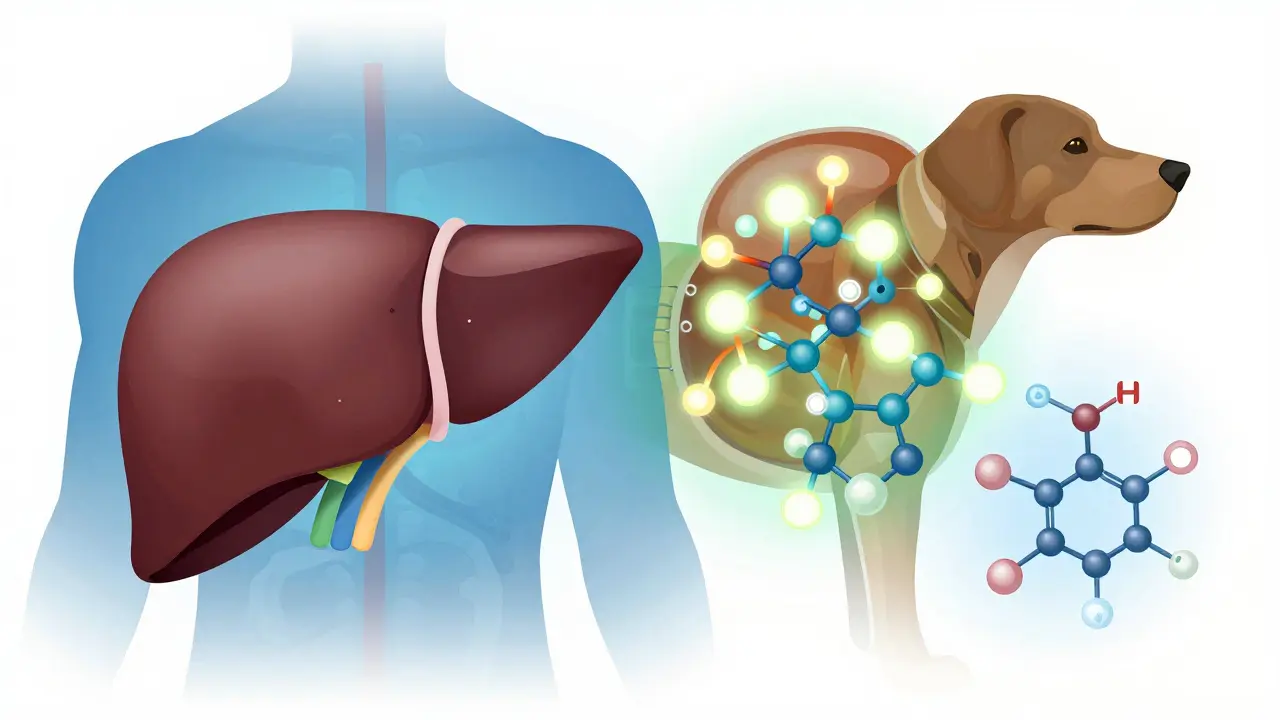 Vědecká ilustrace rozdílů v metabolismu konopí u lidí a zvířat.