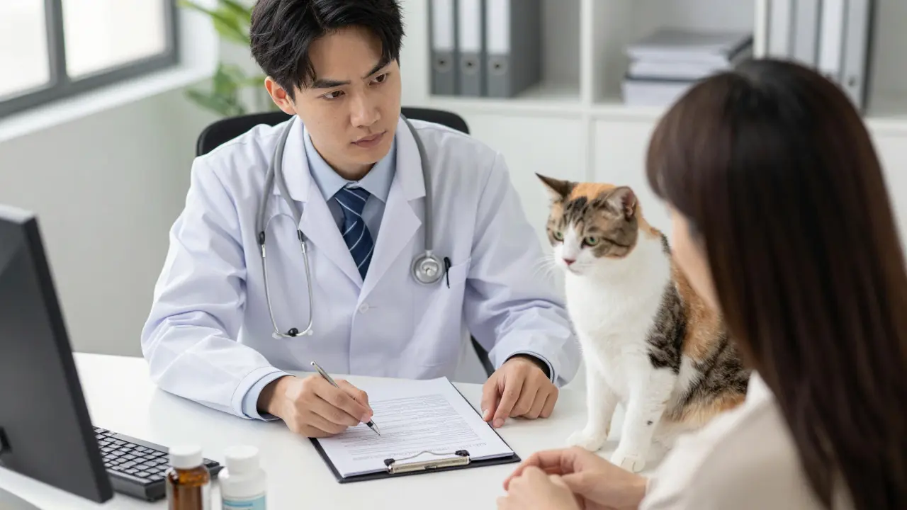 Veterinář poradcí majitele mazlíčků ohledně doplňků stravy.