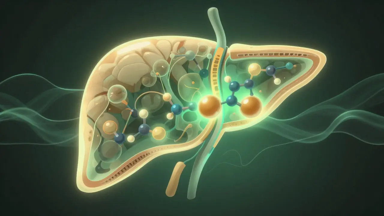 Abstraktní ilustrace metabolizace THC v játrech