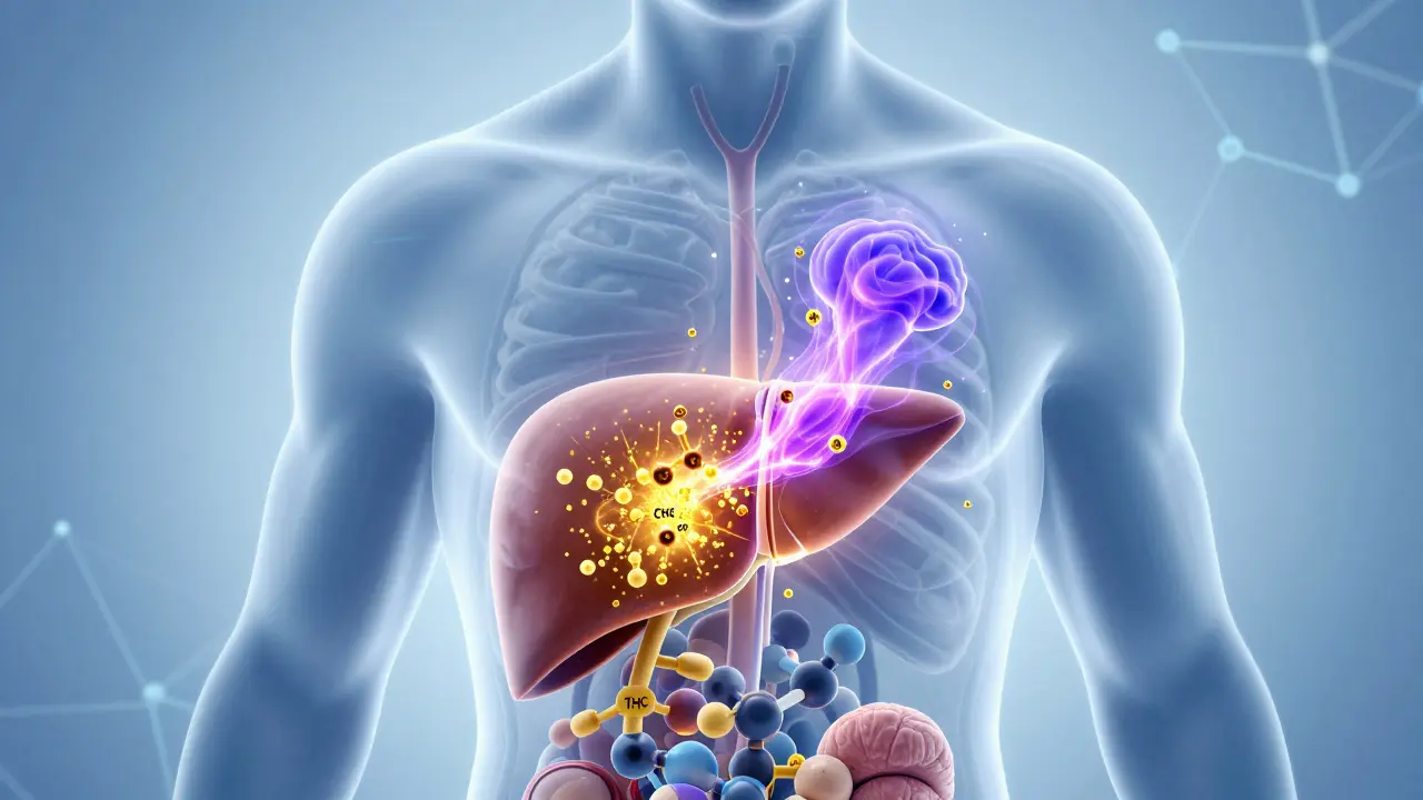 Konceptuální ilustrace metabolizace THC v játrech a změny účinků