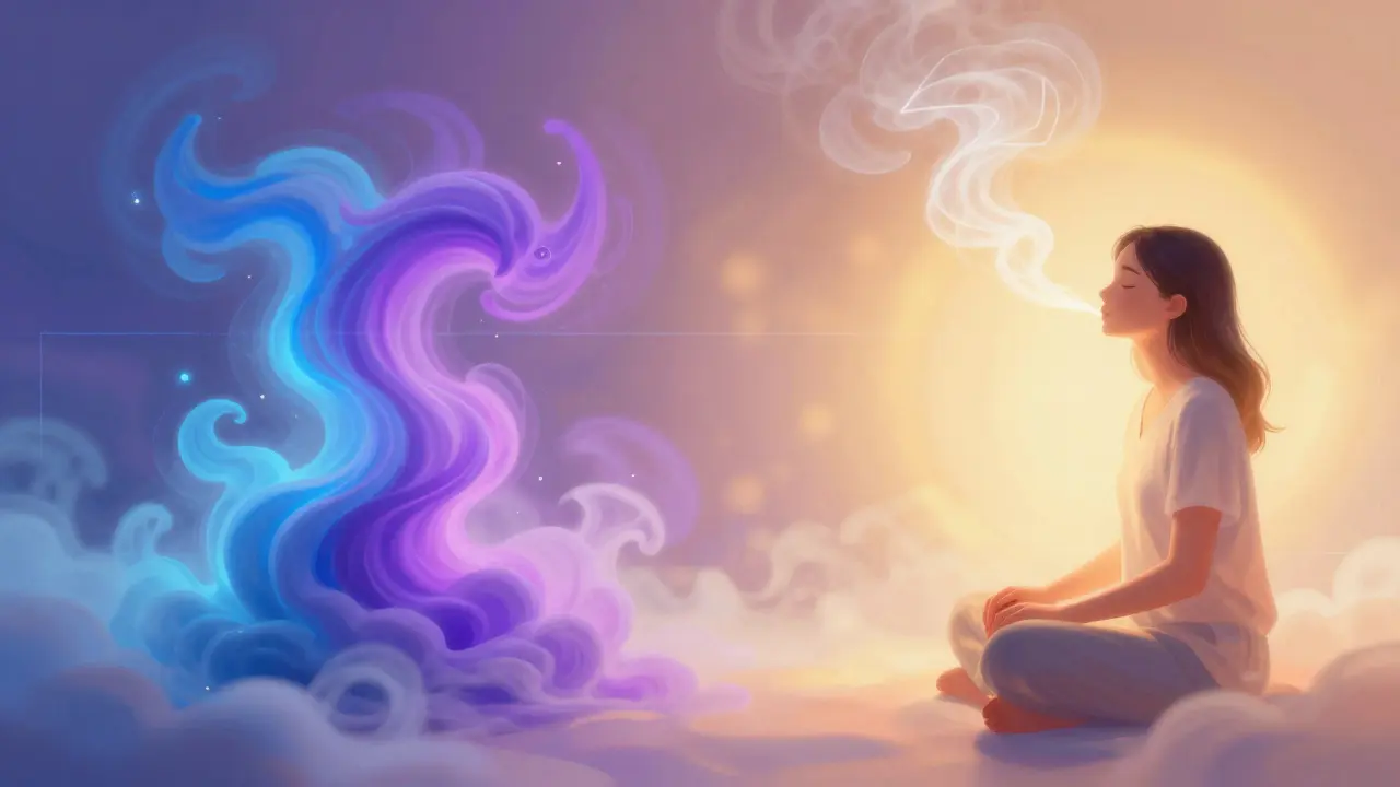 Konceptuální ilustrace rozdílu mezi opojením a relaxací pomocí barev a mlhy