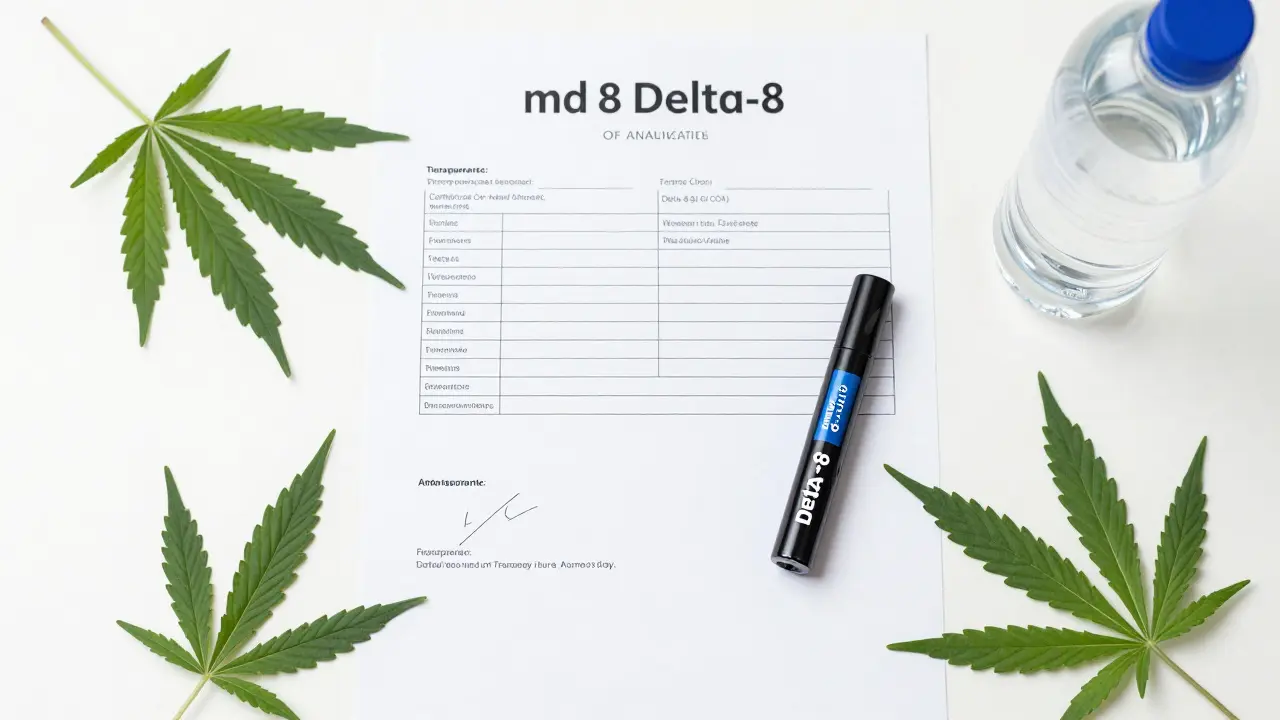 Kvalitní Delta-8 produkt vedle certifikátu analýzy