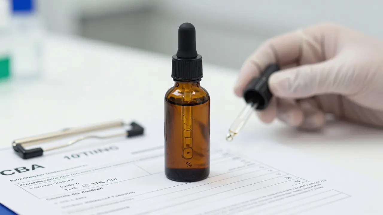 Lahev CBD oleje a laboratorní certifikát na pultu lékárny
