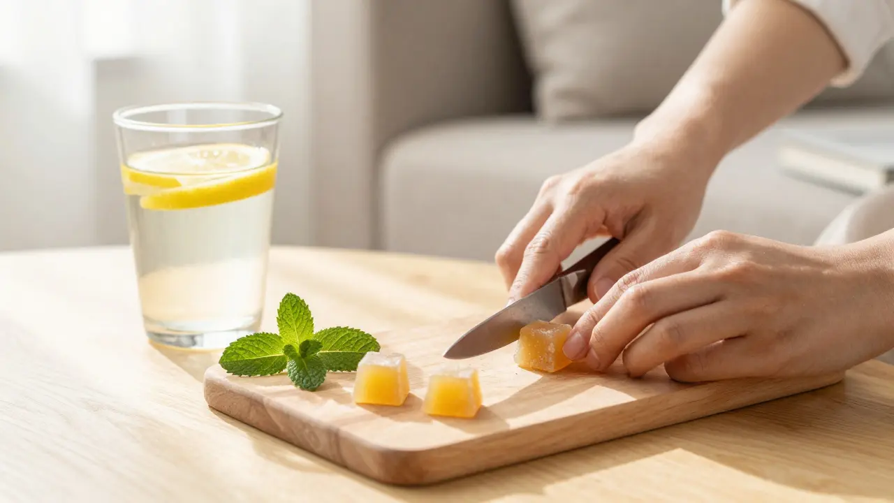 Ruce krájí žvýkačku na poloviny vedle citronové vody