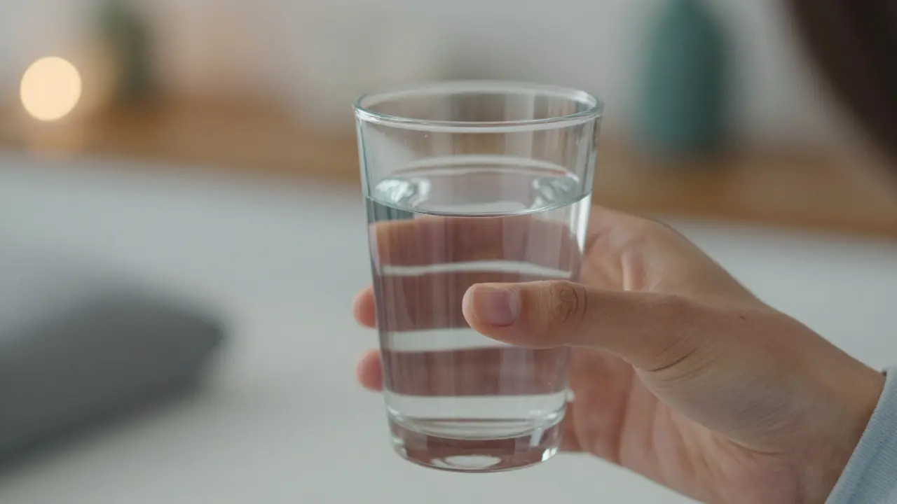 Sklenice vody symbolizující hydrataci při užívání kanabinoidů