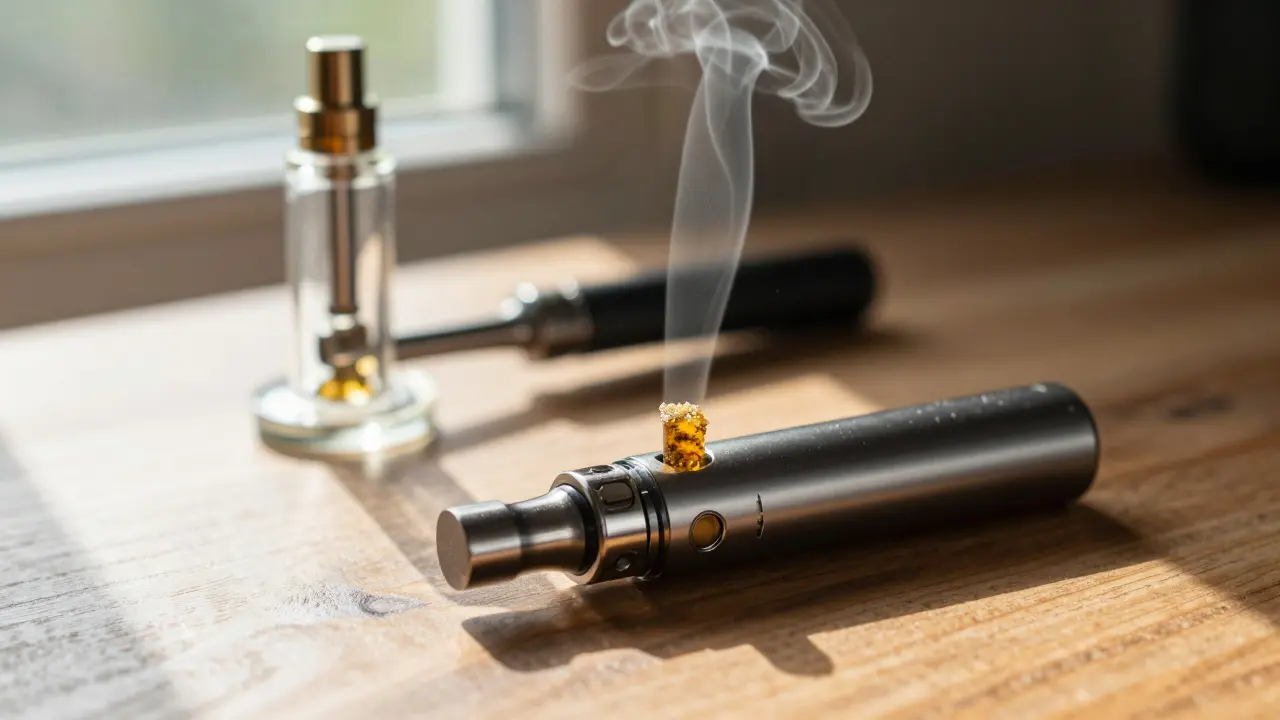 Vaporizér s CBD extraktem a dab rig na dřevěném stole za denního světla
