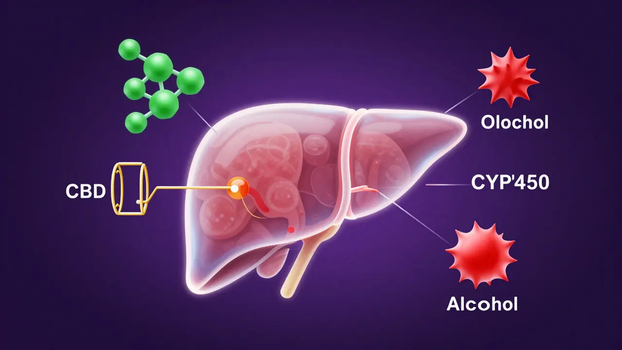 Ilustrace jater metabolizujících CBD a alkohol