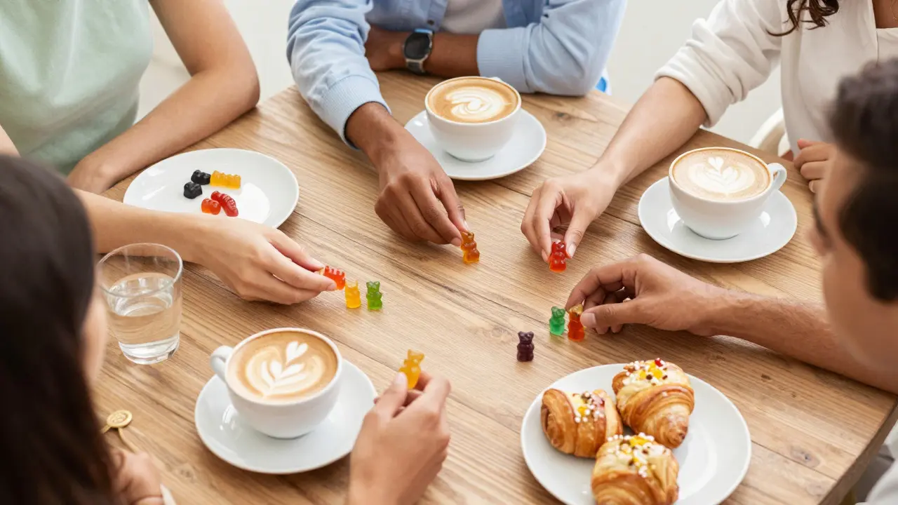 Mladí lidé sdílející CBD gummy medvědy a kávu