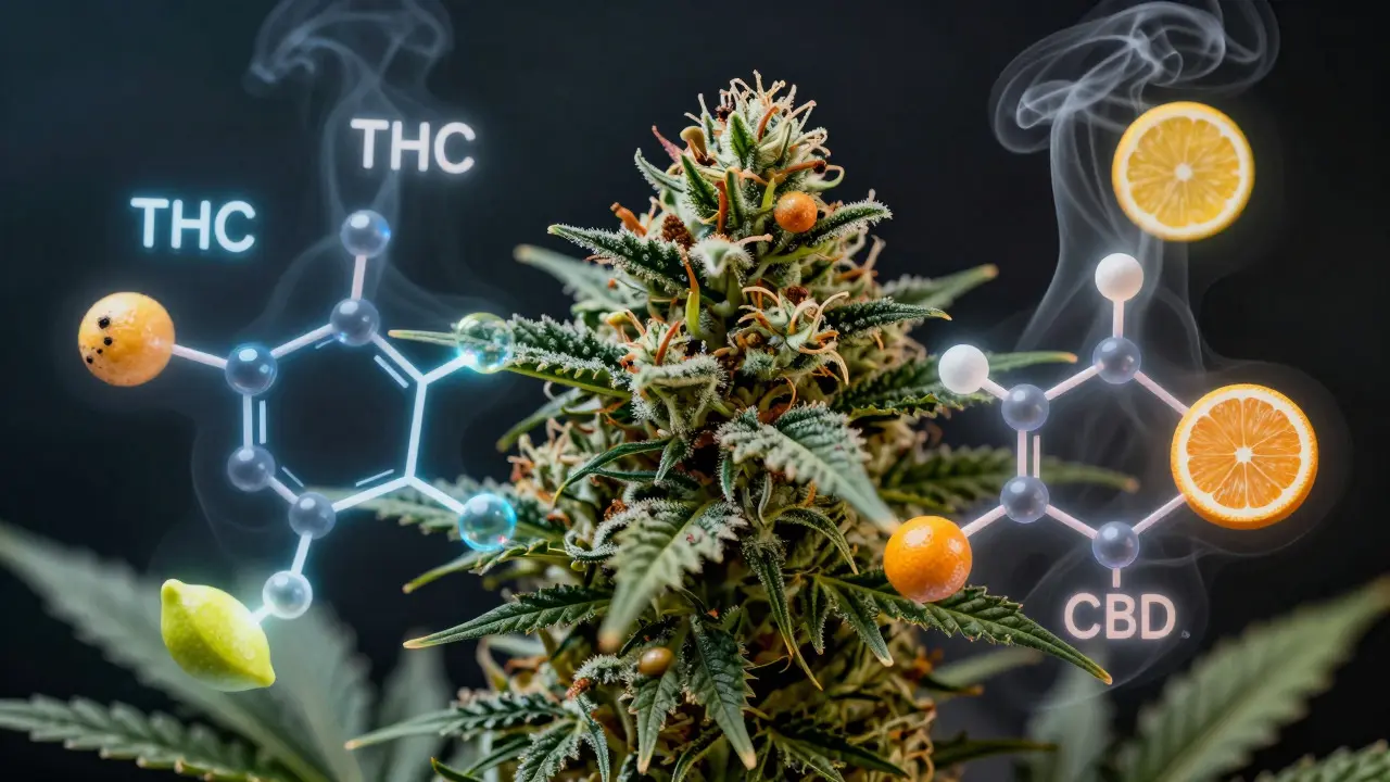 Molekuly THC, CBD a terpenů obklopující konopnou květinu