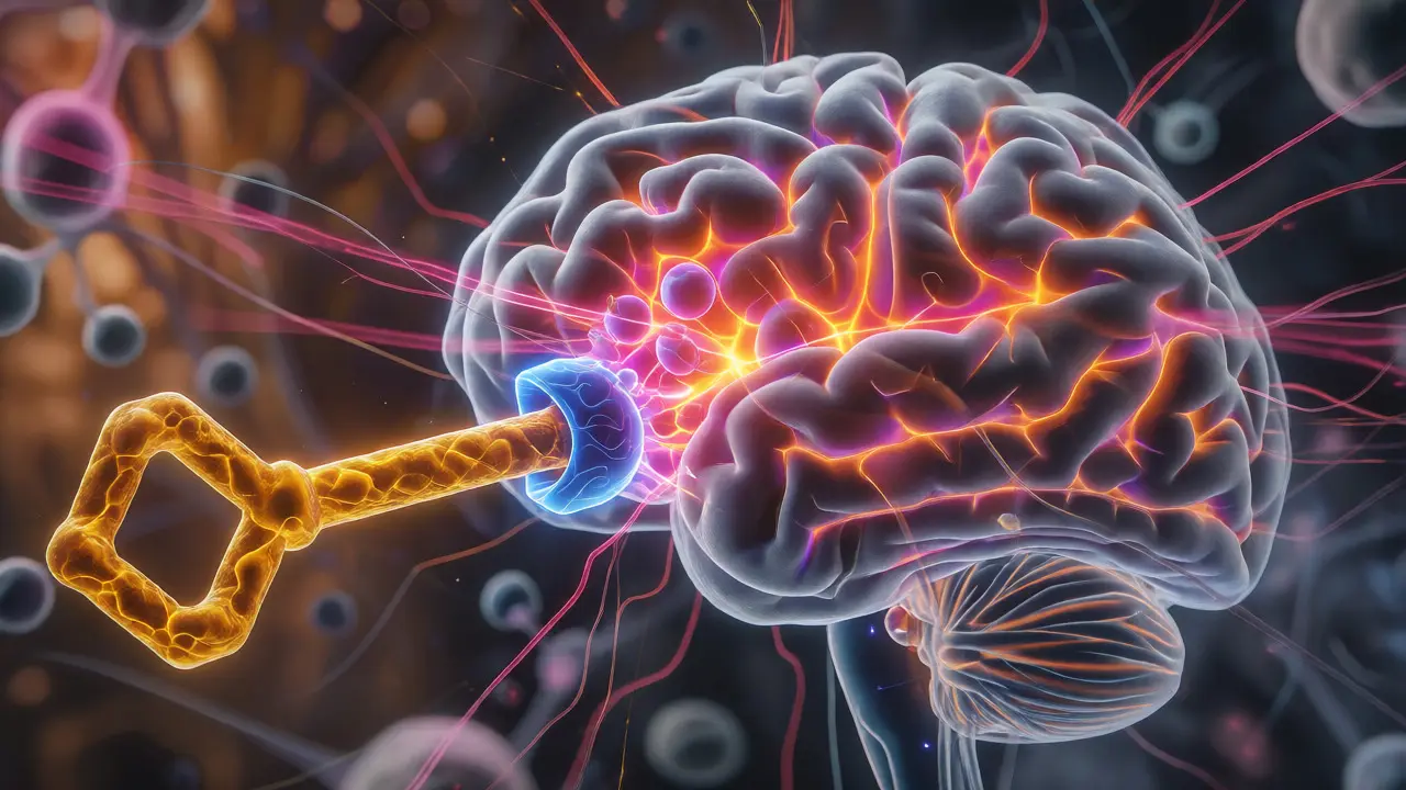 Digital art of a brain with a large molecule binding to a receptor, emitting energy waves