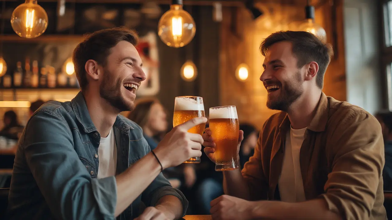 Dva muži popíjející konopné pivo v baru