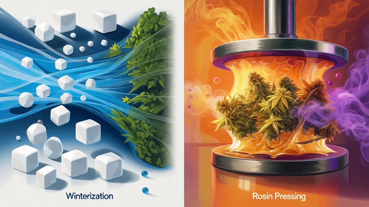 Ilustrace rozdílu ve výrobě: izolace krystalu vs. lisování rosinu s terpeny