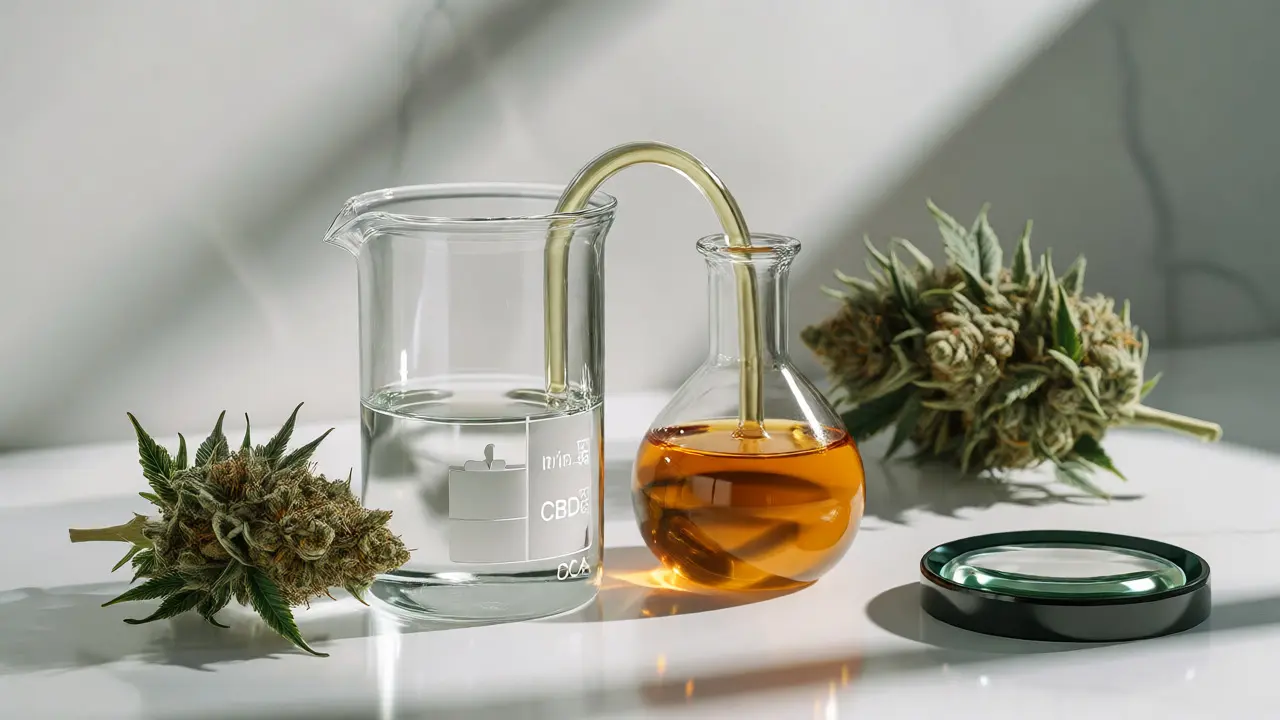 Laboratorní scéna s extrakcí konopí a chemickou izolací kanabinoidů