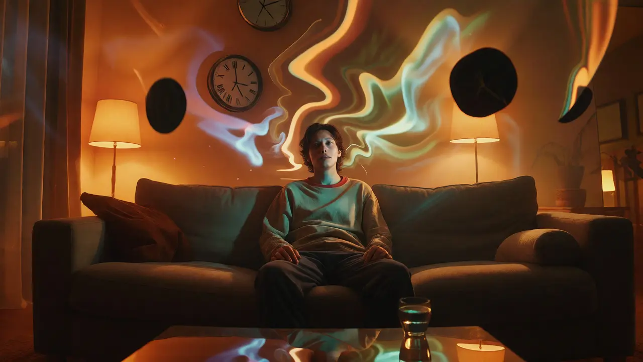Person relaxing on a couch in a hazy room with distorted visuals representing altered perception