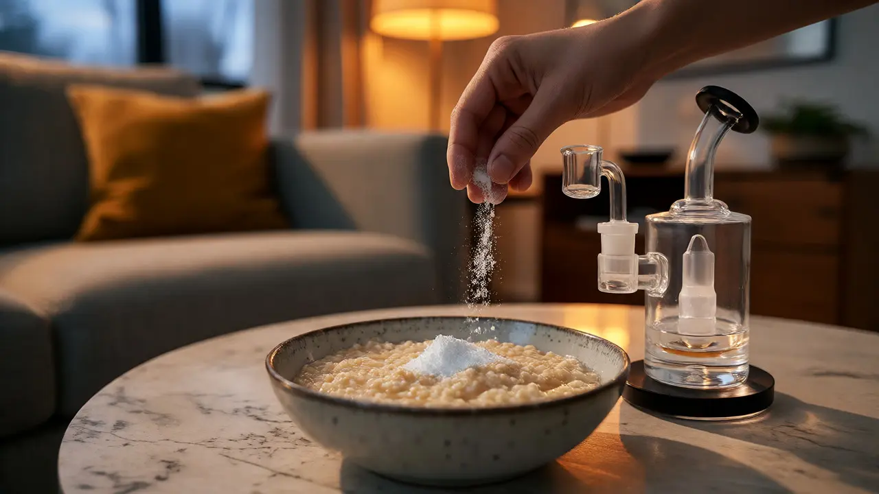 Použití CBD krystalu v jídle a skleněný dab rig pro inhalaci v obýváku