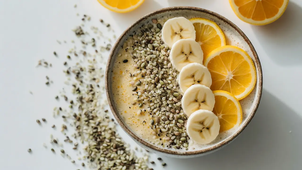 Smoothie miska posypaná konopnými semínky a ovocem