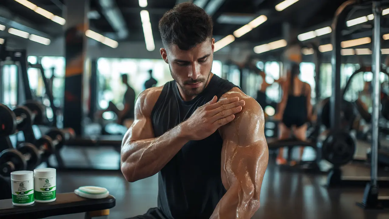 Sportovec aplikující CBD gel na rameno po tréninku