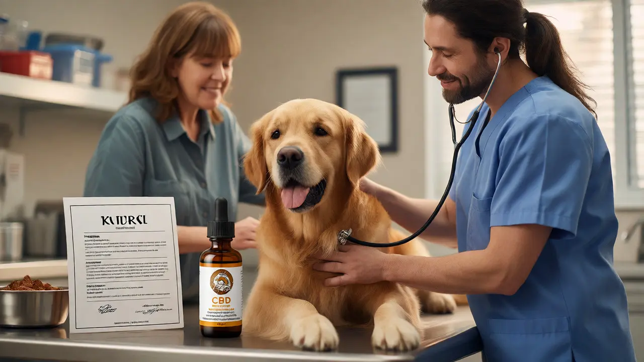 Veterinarian checking a dog's health alongside pet CBD products