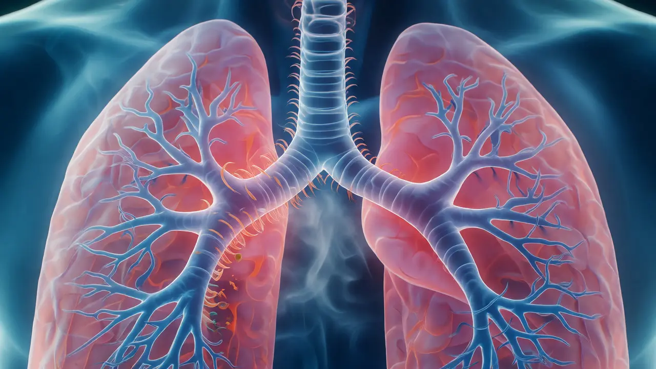 Anatomický řez plícemi s vizualizací vlivu aerosolu na cilie a dýchací cesty