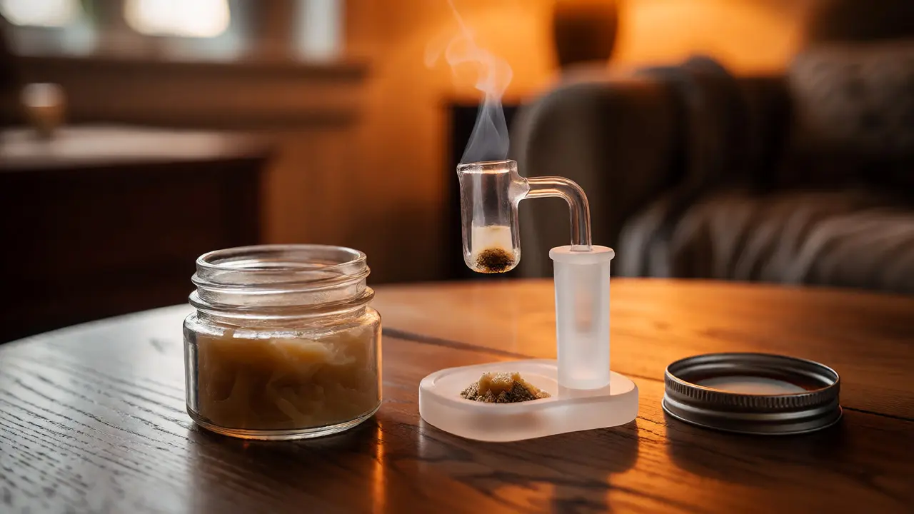 Dabbing CBD crumble na zahřátém nástroji vedle uzavřené nádoby s waxem