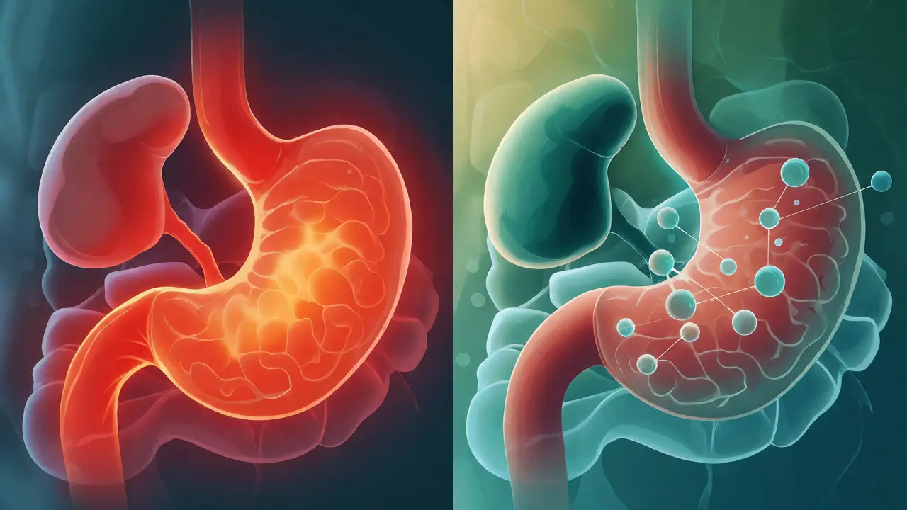 Konceptuální ilustrace rozdílu mezi zánětem od NSAID a rovnováhou endokanabinoidního systému s CBD.